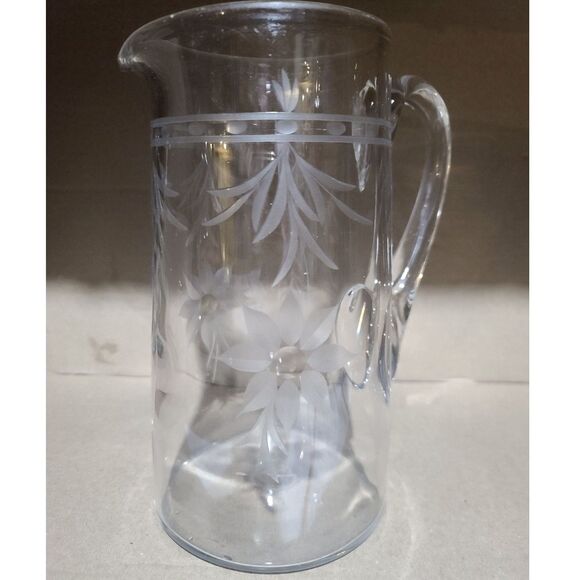 Hand-Blown Clear Crystal Water Pitcher Etched Flowers &‎ Leaves Applied Handle - Picture 9 of 10
